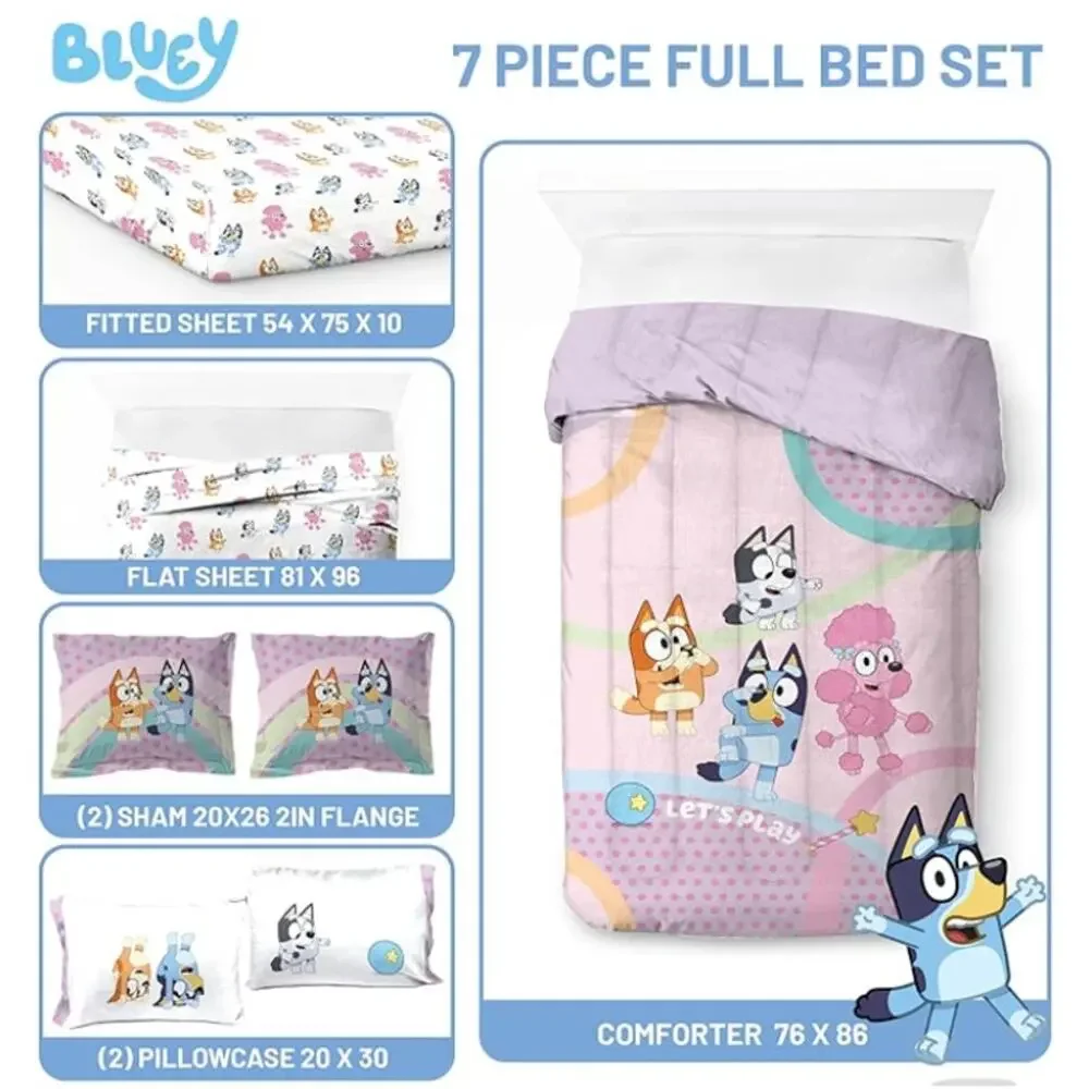 NEW 7 Pc Full Kids Bed Set with Comforter, Sheets & Pillow Covers- Pink, Bluey